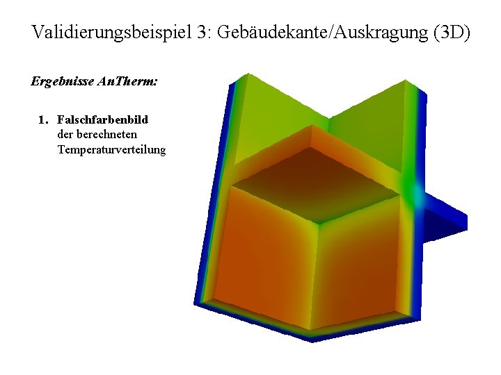 Validierungsbeispiel 3: Gebäudekante/Auskragung (3 D) Ergebnisse An. Therm: 1. Falschfarbenbild der berechneten Temperaturverteilung 