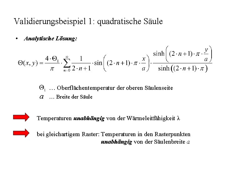 Validierungsbeispiel 1: quadratische Säule • Analytische Lösung: … Oberflächentemperatur der oberen Säulenseite a …