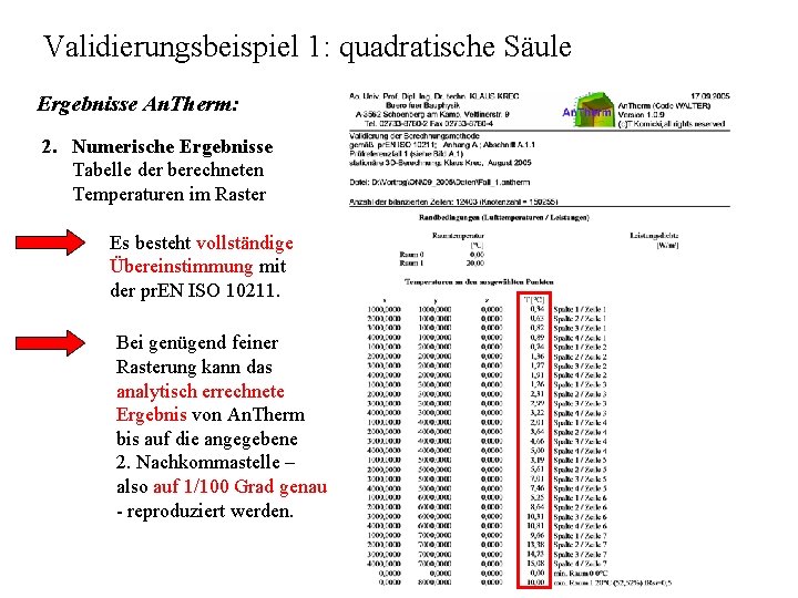 Validierungsbeispiel 1: quadratische Säule Ergebnisse An. Therm: 2. Numerische Ergebnisse Tabelle der berechneten Temperaturen