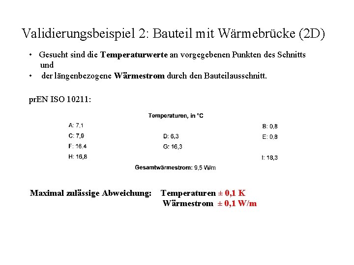 Validierungsbeispiel 2: Bauteil mit Wärmebrücke (2 D) • Gesucht sind die Temperaturwerte an vorgegebenen