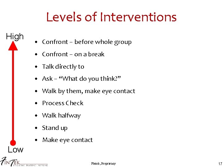 Levels of Interventions High • Confront – before whole group • Confront – on