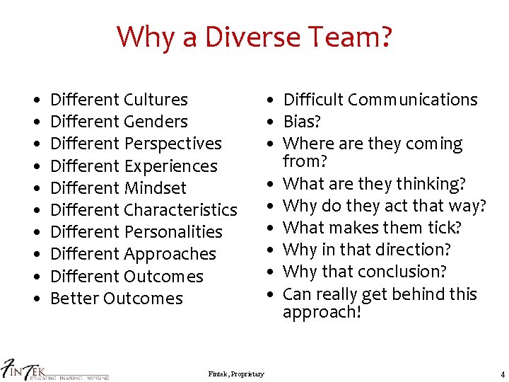 Why a Diverse Team? • • • Different Cultures Different Genders Different Perspectives Different