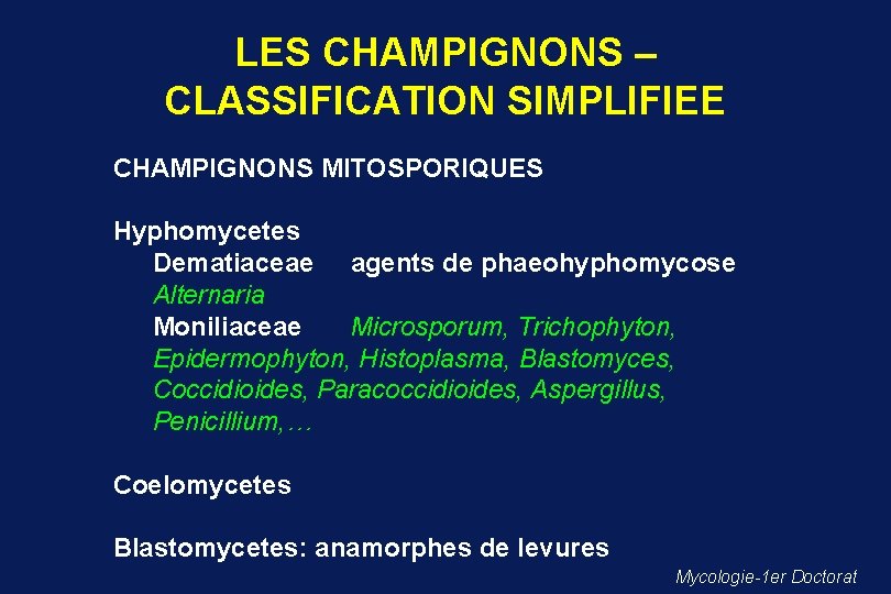 LES CHAMPIGNONS – CLASSIFICATION SIMPLIFIEE CHAMPIGNONS MITOSPORIQUES Hyphomycetes Dematiaceae agents de phaeohyphomycose Alternaria Moniliaceae