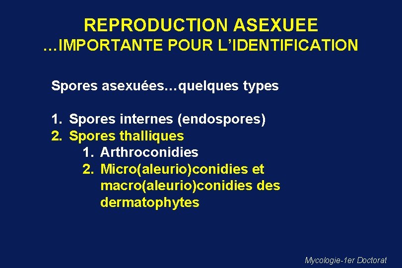 REPRODUCTION ASEXUEE …IMPORTANTE POUR L’IDENTIFICATION Spores asexuées…quelques types 1. Spores internes (endospores) 2. Spores