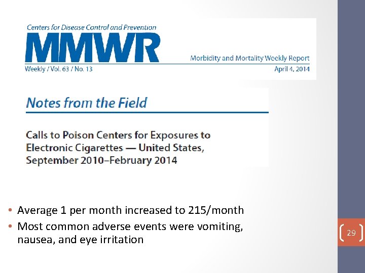  • Average 1 per month increased to 215/month • Most common adverse events