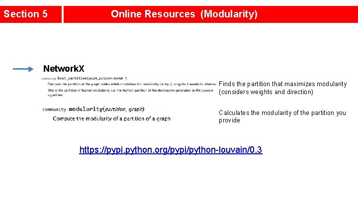 Section 5 Online Resources (Modularity) Network. X Finds the partition that maximizes modularity (considers