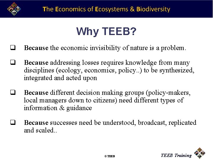 Why TEEB? q Because the economic invisibility of nature is a problem. q Because