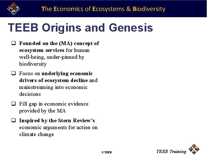 TEEB Origins and Genesis q Founded on the (MA) concept of ecosystem services for