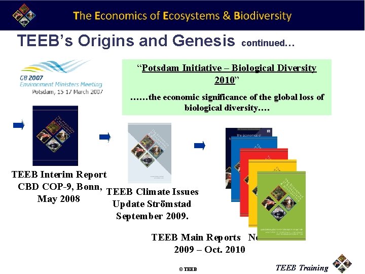 TEEB’s Origins and Genesis continued… “Potsdam Initiative – Biological Diversity 2010” ……the economic significance