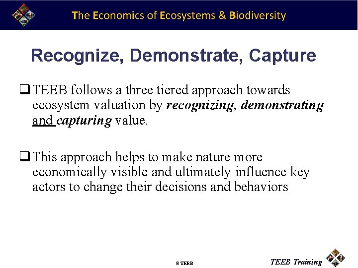 Recognize, Demonstrate, Capture q TEEB follows a three tiered approach towards ecosystem valuation by