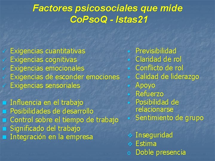 Factores psicosociales que mide Co. Pso. Q - Istas 21 ü ü ü Exigencias