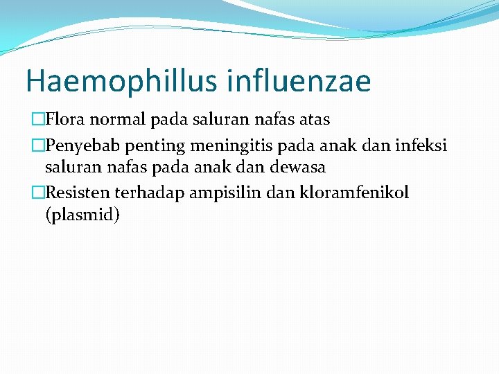 Haemophillus influenzae �Flora normal pada saluran nafas atas �Penyebab penting meningitis pada anak dan