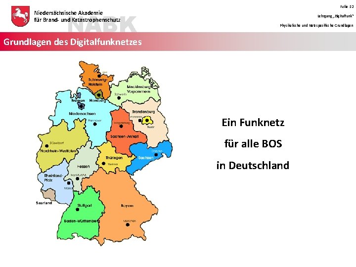 NABK Niedersächsische Akademie für Brand- und Katastrophenschutz Folie 12 Lehrgang „Digitalfunk“ Physikalische und Netzspezifische