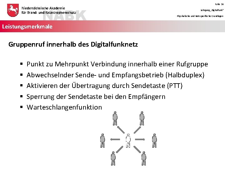 NABK Niedersächsische Akademie für Brand- und Katastrophenschutz Folie 26 Lehrgang „Digitalfunk“ Physikalische und Netzspezifische