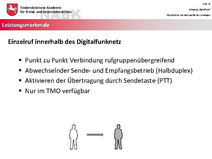 NABK Niedersächsische Akademie für Brand- und Katastrophenschutz Folie 27 Lehrgang „Digitalfunk“ Physikalische und Netzspezifische