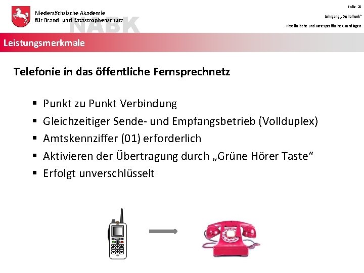 NABK Niedersächsische Akademie für Brand- und Katastrophenschutz Folie 28 Lehrgang „Digitalfunk“ Physikalische und Netzspezifische