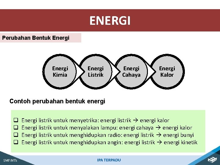 ENERGI Perubahan Bentuk Energi Kimia Energi Listrik Energi Cahaya Energi Kalor Contoh perubahan bentuk