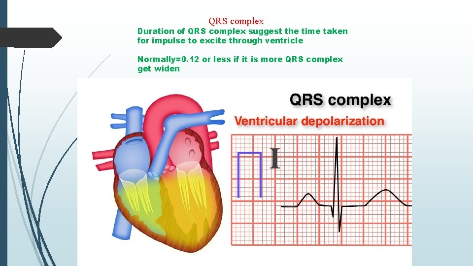 QRS complex Duration of QRS complex suggest the time taken for impulse to excite