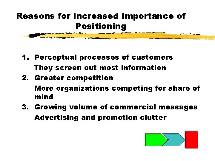 Reasons for Increased Importance of Positioning 1. Perceptual processes of customers They screen out