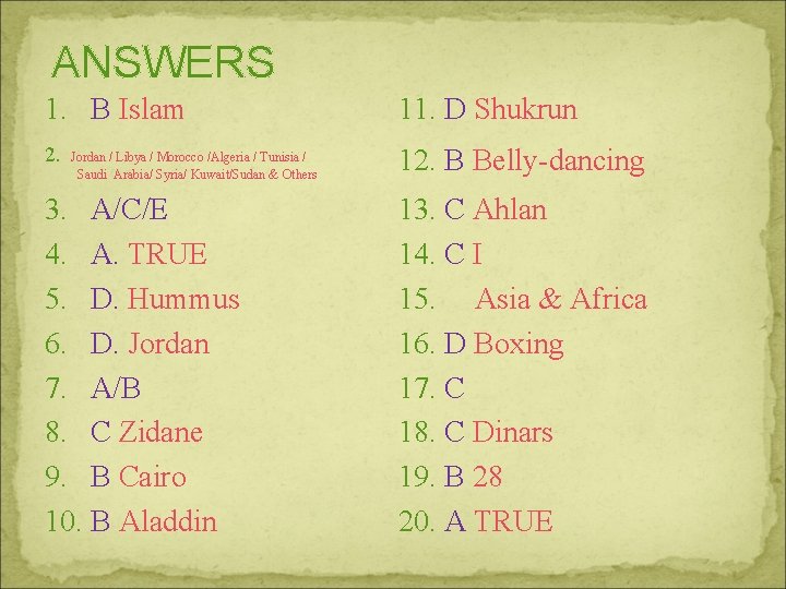 ANSWERS 1. B Islam 11. D Shukrun 2. 12. B Belly-dancing Jordan / Libya