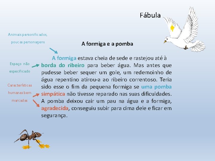 Fábula Animais personificados, poucas personagens Espaço não especificado Características humanas bem marcadas A formiga