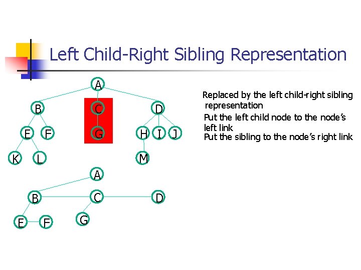Left Child-Right Sibling Representation A B E K F C D G H I Left Child-Right Sibling Representation A B E K F C D G H I