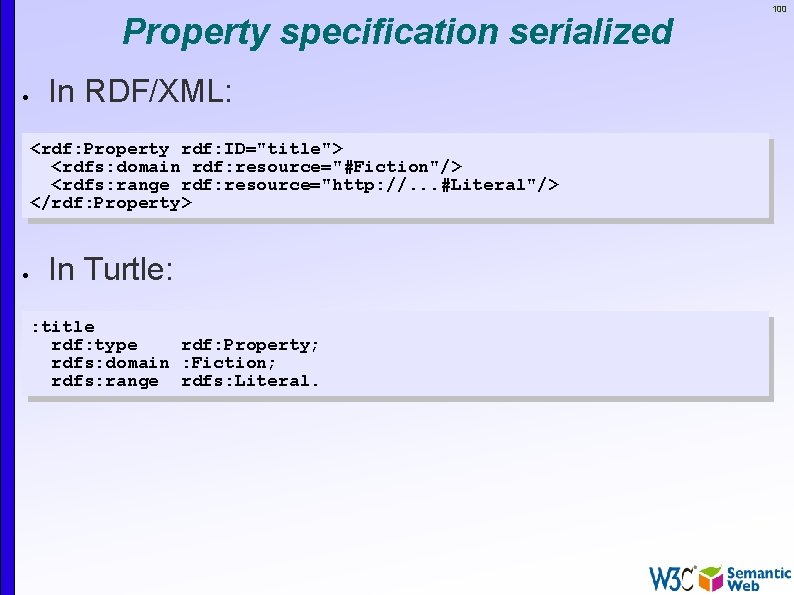 Property specification serialized In RDF/XML: <rdf: Property rdf: ID="title"> <rdfs: domain rdf: resource="#Fiction"/> <rdfs: