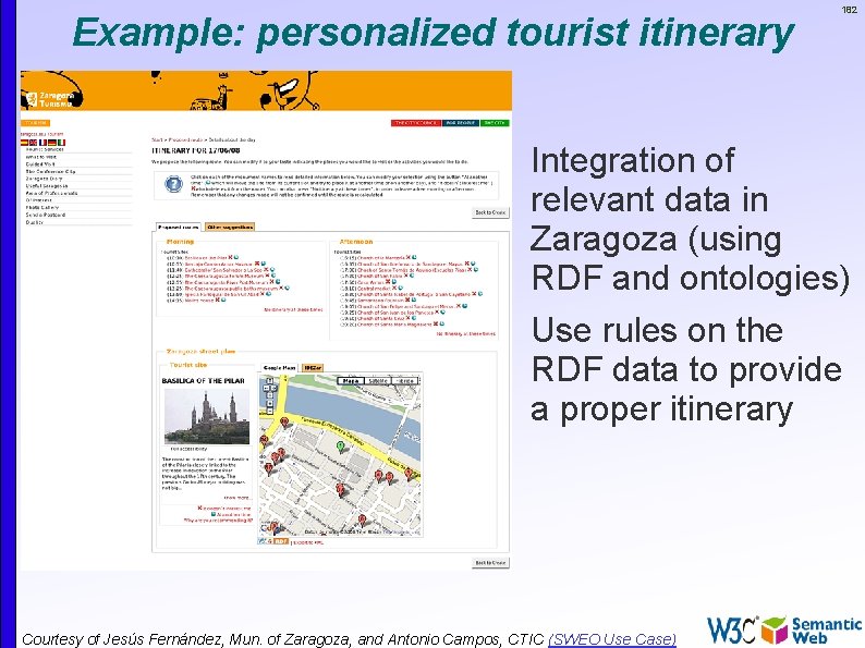 Example: personalized tourist itinerary 182 Integration of relevant data in Zaragoza (using RDF and