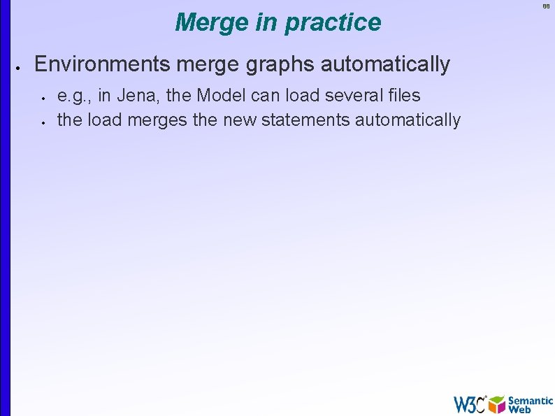 Merge in practice Environments merge graphs automatically e. g. , in Jena, the Model