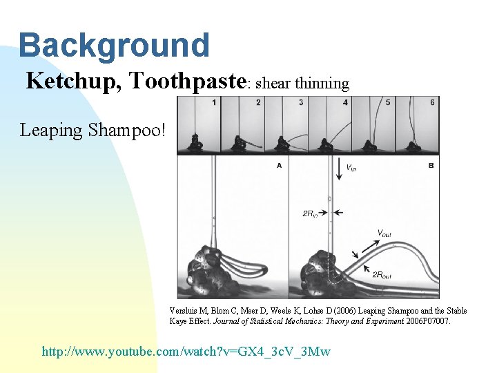 Background Ketchup, Toothpaste: shear thinning Leaping Shampoo! Versluis M, Blom C, Meer D, Weele