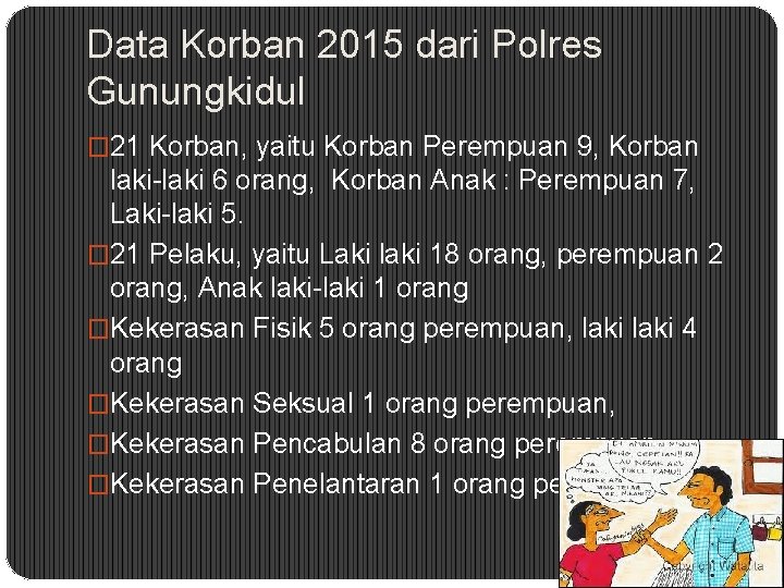 Data Korban 2015 dari Polres Gunungkidul � 21 Korban, yaitu Korban Perempuan 9, Korban