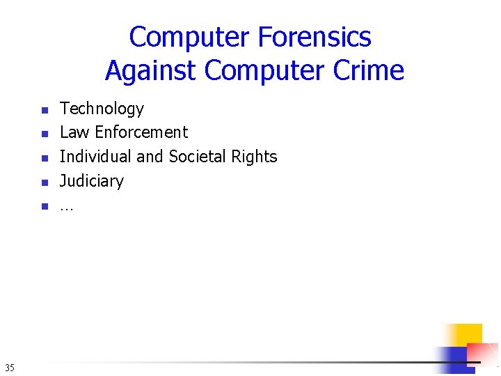 Computer Forensics Against Computer Crime n n n 35 Technology Law Enforcement Individual and