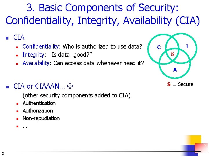 3. Basic Components of Security: Confidentiality, Integrity, Availability (CIA) n CIA n n Confidentiality:
