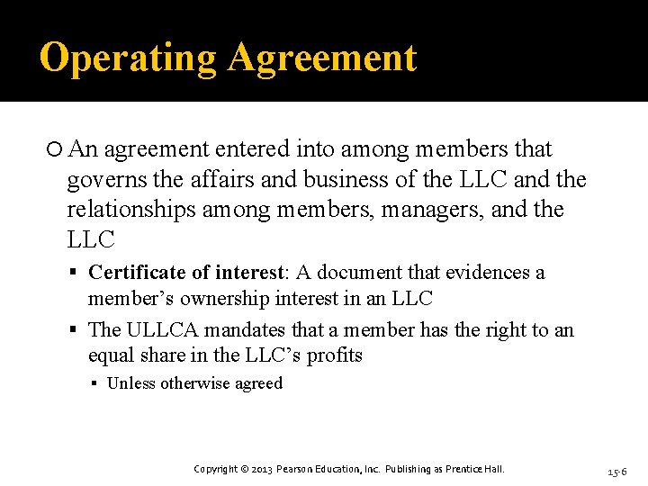 Operating Agreement An agreement entered into among members that governs the affairs and business