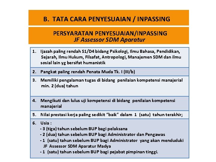 B. TATA CARA PENYESUAIAN / INPASSING PERSYARATAN PENYESUAIAN/INPASSING JF Assessor SDM Aparatur 1. Ijazah B. TATA CARA PENYESUAIAN / INPASSING PERSYARATAN PENYESUAIAN/INPASSING JF Assessor SDM Aparatur 1. Ijazah