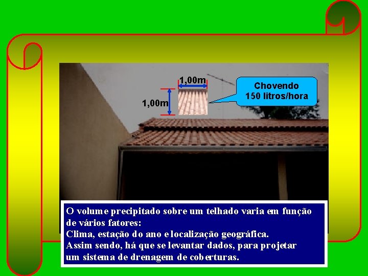 1, 00 m Chovendo 150 litros/hora O volume precipitado sobre um telhado varia em