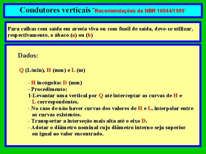 Condutores verticais ¨Recomendações da NBR 10844/1989¨ Para calhas com saída em aresta viva ou