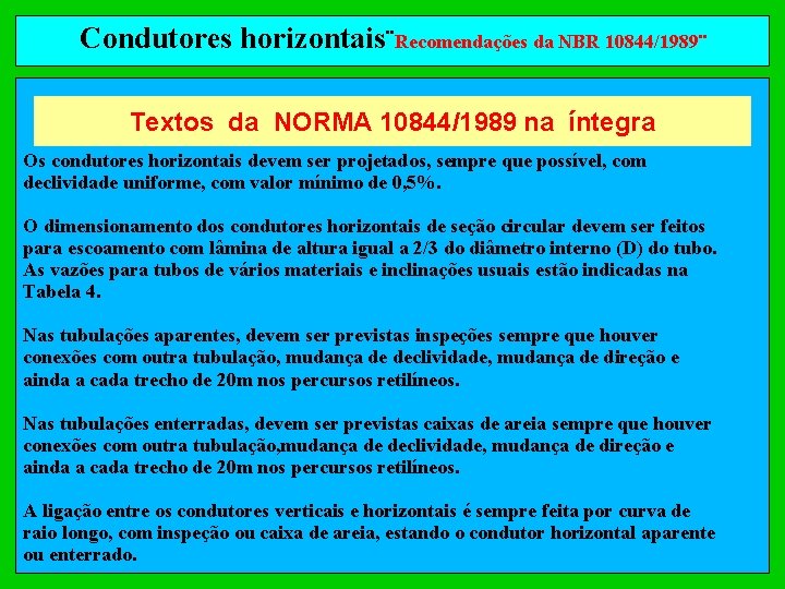 Condutores horizontais¨Recomendações da NBR 10844/1989¨ Textos da NORMA 10844/1989 na íntegra Os condutores horizontais