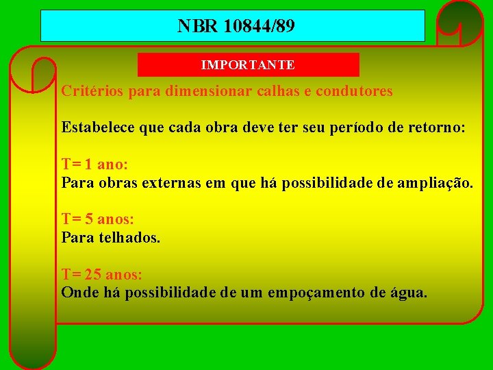 NBR 10844/89 IMPORTANTE Critérios para dimensionar calhas e condutores Estabelece que cada obra deve