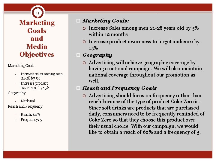 9 Marketing Goals and Media Objectives Marketing Goals Increase sales among men 21 -28