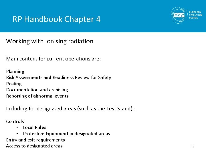 RP Handbook Chapter 4 Working with ionising radiation Main content for current operations are: