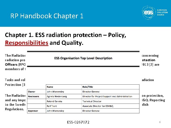 RP Handbook Chapter 1. ESS radiation protection – Policy, Responsibilities and Quality. The Radiation