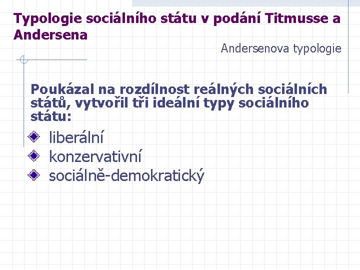 Typologie sociálního státu v podání Titmusse a Andersenova typologie Poukázal na rozdílnost reálných sociálních