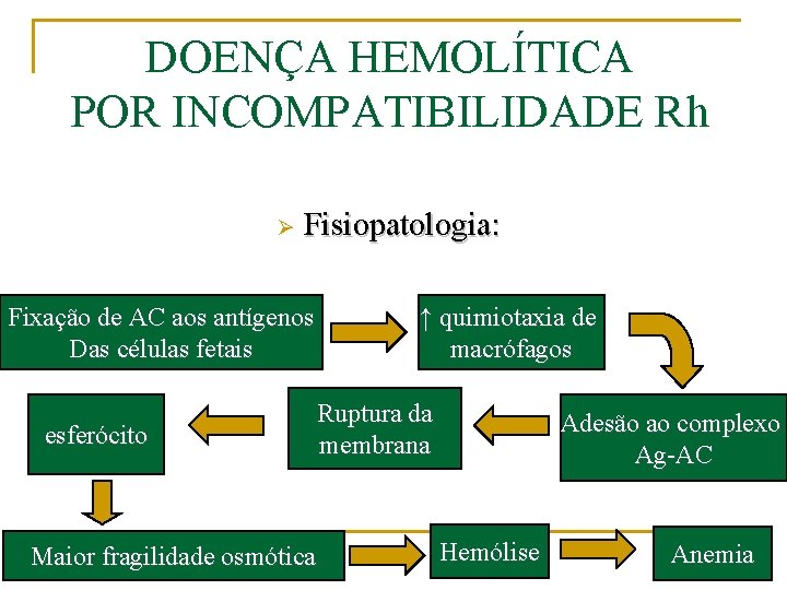 DOENÇA HEMOLÍTICA POR INCOMPATIBILIDADE Rh Ø Fisiopatologia: Fixação de AC aos antígenos Das células