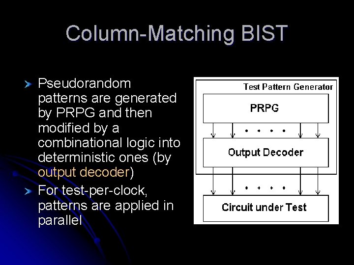 Column-Matching BIST Pseudorandom patterns are generated by PRPG and then modified by a combinational