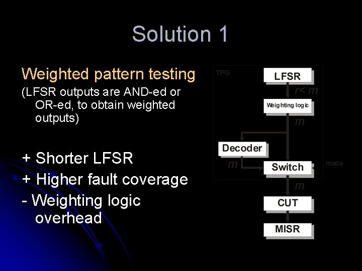 Solution 1 Weighted pattern testing (LFSR outputs are AND-ed or OR-ed, to obtain weighted