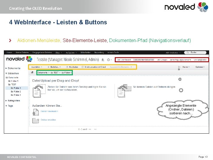 4 Web. Interface - Leisten & Buttons Aktionen-Menüleiste, Site-Elemente-Leiste, Dokumenten-Pfad (Navigationsverlauf) Angezeigte Elemente (Ordner,