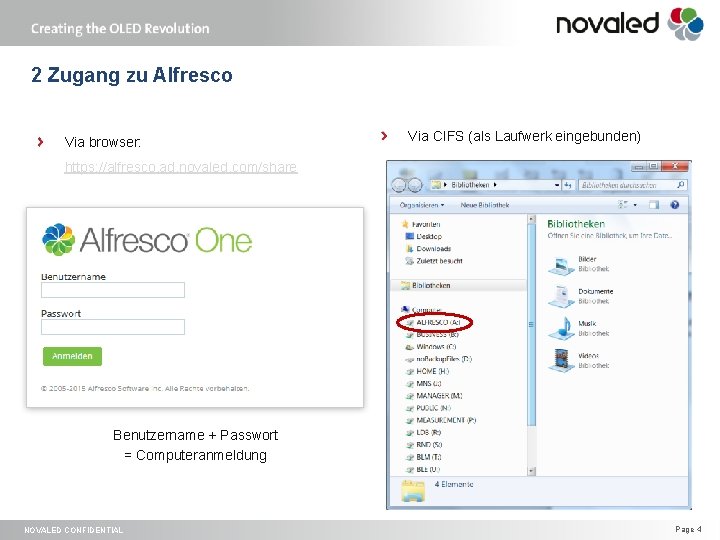 2 Zugang zu Alfresco Via browser: Via CIFS (als Laufwerk eingebunden) https: //alfresco. ad.