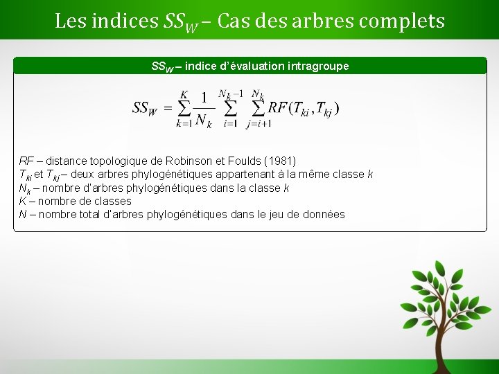 Les indices SSW – Cas des arbres complets SSW – indice d’évaluation intragroupe RF