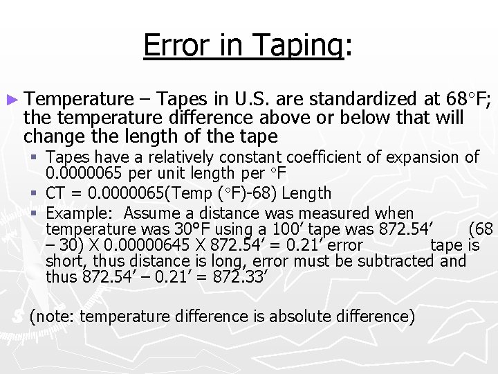 Error in Taping: – Tapes in U. S. are standardized at 68 F; the